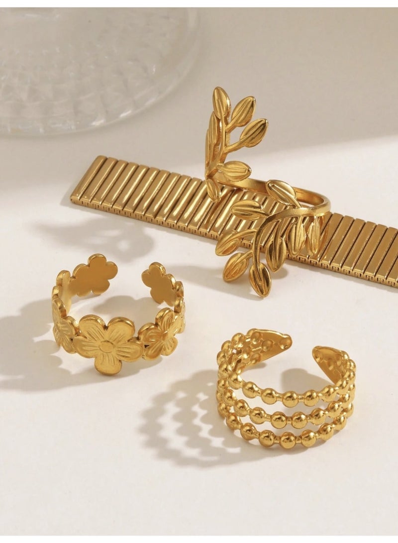 veya SET OF 3 WOMEN’S GOLD-PLATED RINGS 18K – FLORAL & LEAF DESIGN - Image 4